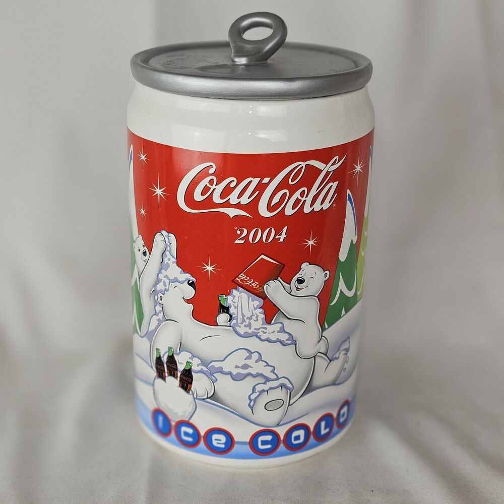 Vtg Coca-Cola Polar Bears Pop Can Shaped Ceramic Cookie Jar Coke Christmas 2004